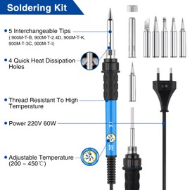Soldering Iron Set, 24 Pieces, 60 W Welding Tools, Electric Soldering Set with 5 Interchangeable Tips, Adjustable Temperature, Digital Multimeter, Soldering Iron Stand, Desoldering Pump, Portable Tool