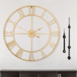 LEIKE Large Modern Wall Clocks,24" Gold Metal,Rustic,Round,Silent Non Ticking,Battery Operated Roman Numerals Clock for Living Room/Bedroom/Kitchen Wall Decor-(Gold, 60cm)