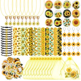Seajan 134 Pcs Sunflower Party Favors Sunflower Slap Braclets Stickers Badges Keychains Adjustable Bracelets Accessory Organza Bags for Sun Flowers Theme Summer Baby Shower Return Gifts Party Supplies