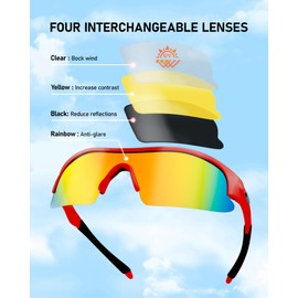 Hurdilen Polarized Kids Cycling Sunglasses, Youth Baseball Sunglasses for Boys Girls Age 8-14, 4 UV Interchangeable Lenses, Lightweight Sun Glasses for Baseball, Softball, Sports (Red)