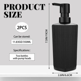 Diakey 2 Pack Black Soap Dispenser, Soap Dispenser Bathroom, 12oz Glass Hand Soap Dispenser with Pump, Dish Soap Dispenser for Kitchen, Refillable Ribbed Liquid Soap Dispenser Bottle
