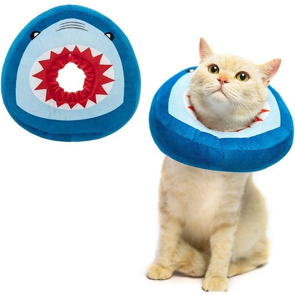 EXPAWLORER Cat Surgery Recovery Collar - Adjustable Donut Cat Cone Collar Soft, Pet E Collar for Wound Healing Protective Elizabethan Collars for Pets Kitten and Small Dogs, Cute Shark Design