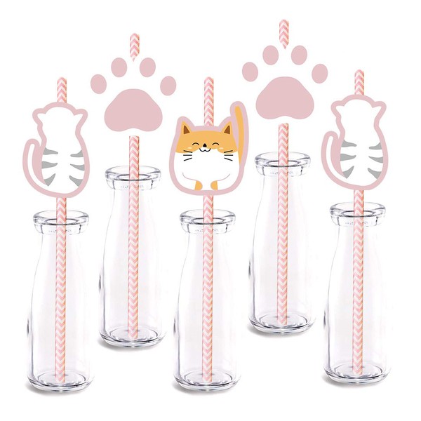 Cat Party Straw Decor, 24-Pack Cute Baby Shower Or Birthday Party Supply Decorations, Paper Decorative Straws
