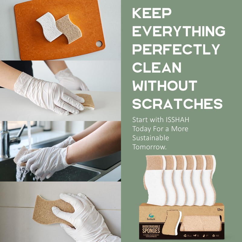 Isshah Natural Kitchen Scrub Sponges for Dishes - S-Shaped -
