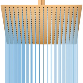 Rainfall Shower Head in Gold, BSTIIU Extra Large 16 Inch Square Ceiling Mount Shower Head, High Pressure Ultra Thin Top Rain Shower Heads, Brushed Brass Gold