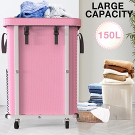 40 Gal(150L) High Grade Large Laundry Basket with Wheels, Rolling Laundry Hamper, Laundry Cart with Metal Frame and Removable Bag Design, Suitable for Laundry Room, Bedroom (Pink, 150L)
