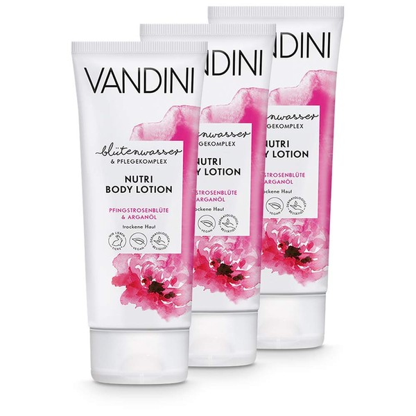 VANDINI Nutri Women's Body Lotion with Peony Blossom and Argan Oil - Body Lotion for Dry Skin - Vegan Body Lotion for Women without Silicones, Parabens & Mineral Oil in Pack of 3 (3 x 200 ml)