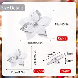 YSUVIN Christmas Flowers Decorating, Pack of 25 Christmas Tree Decorations Glitter Poinsettia, Artificial Flowers Christmas with 25 Clips for Christmas Wedding Party New Year, White (15 cm & 12 cm)