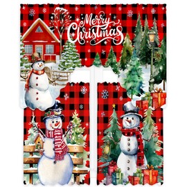 FuWeave 3 Pcs Christmas Kitchen Curtains Window Curtains and Valance Set Xmas Christmas Curtains Swag for Kitchen Bedroom Living Room Decor, 60 x 36 Valance, 36 x 30 Tier(Plaid Snowman,Black and Red)