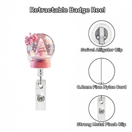 Christmas Badge Reel Funny Pink Christmas Tree Crystal Ball Badge Holder 2D Xmas Tree Bow Snowflake Design Cute ID Name Card with Alligator Clip Winter Holiday Badge Reels for Nurse Teacher Office