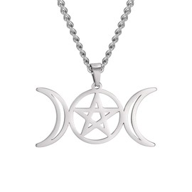 TEAMER Stainless Steel Triple Moon Goddess Amulet Wicca Pentagram Necklace for Women Men Pagan Jewelry (Silver-Type A)