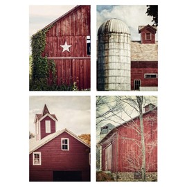 Lisa Russo Fine Art - Red Vertical Barn Landscape Prints for Farmhouse Wall Decor - Set of 4 - Not Framed (4 5x7 Prints)