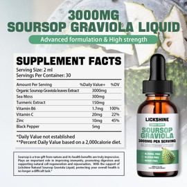 1 Packs 3000MG Soursop Graviola Liquid Drop for cell Support &Regeneration, lmmune, Gut, Antioxidant, Mood, Relax, Liver and Sleep Zzz - Soursop Graviola Leaf Extract, Sea Moss, Turmeric - 2Fl Oz