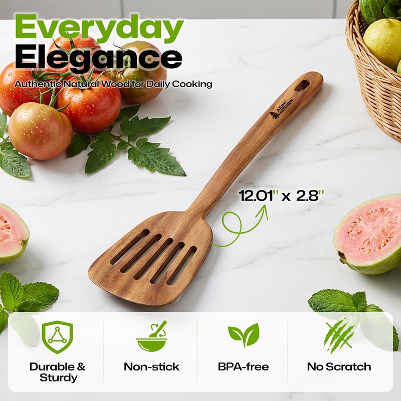 AIUHI Natural Teak Slotted Spatula, Ergonomic Long Handle Cook Spatula,