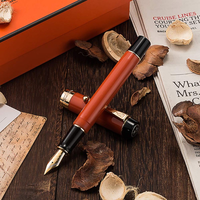 Jinhao - Pluma estilográfica clásica naranja rojo celuloide, punta mediana