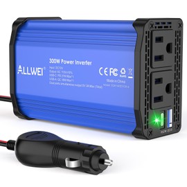 ALLWEI 300W Car Power Inverter, DC 12V to 110V AC Converter Car Plug Adapter Outlet with 27W PD USB-C & 18W USB-A Fast Charge, Car Cigarette Lighter Charger for Phone, Laptop, Tablet - Blue