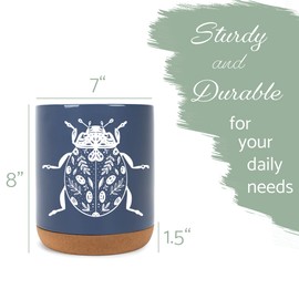 Elanze Designs 8 inch Floral Beetle Ceramic Kitchen Utensil Holder Navy Blue and White Crock with Cork Base Large Cooking Utensil Organizer for Countertop