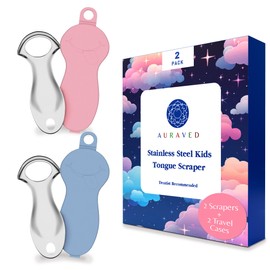 TONGUE SCRAPER FOR KIDS Stainless steel tongue cleaner, Improves Oral hygiene Kid friendly design, Dual Pack convenience/Two cases included (BLUE/PINK)