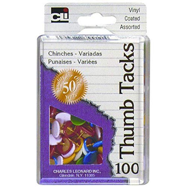 Charles Leonard Thumb Tacks in Reusable Box, Vinyl Coated, Assorted