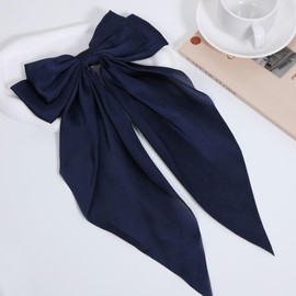 Big Silky Satin Hair Bows for Women Girls,Oversized Long Tail Hair Ribbon Bowknot French Barrettes,Large Metal Hair Clips Hairpins, Aesthetic Wedding Dress Decor Accessories Set Navy Blue