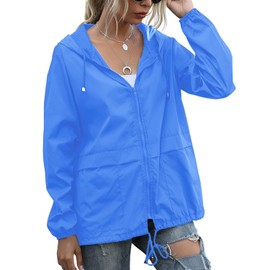 PESION Women's Windbreaker & Waterproof Hooded Rain Jacket Lightweight Outdoor Fashionable Light Blue Jacket Zip Coat Outerwear Raincoat with Pockets for Mountaineering Hiking Fish Travel, Large