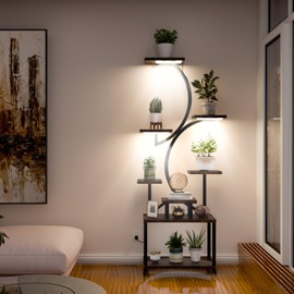 Plant Stand Indoor with Grow Lights, 61" Tall 8 Tiered Plant Shelf with 4 Wheels, Flower Stand for Multiple Indoor Plants, S-Shaped Plant Rack, Multi-tier Planter Pot Holder for Balcony, Garden, Patio