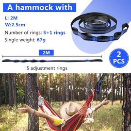 Vicloon 2pcs Hanging Rope, 2M Hammock Swing Straps Polyester String with 2 Black Buckles, 5+1 Ring Adjustable Hammock Straps for Tree Swing Camping Hammock Holds to 1000lbs (Blue)
