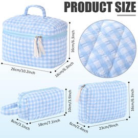 Paterr 3 Pieces Cotton Quilted Makeup Bag Set Coquette Cosmetic Bag Aesthetic Travel Toiletry pouch Cute Pouch Kawaii Aesthetic for Women(Blue,White and Blue Plaid)