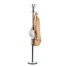 HAOG Coat Rack with Chrome Finish – Space-saving Enterway Organizer Prefect for Coats, Bags, Purses and Hats. Stand with12 Black Hooks and Glass Base, Perfect for Home & Office (69'' Tall)