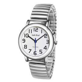 LAKXIUL English talking watches for Blind Visually Impaired Analog Wrist Watch Voice with Speaking Alarm Clock Date (Silver)