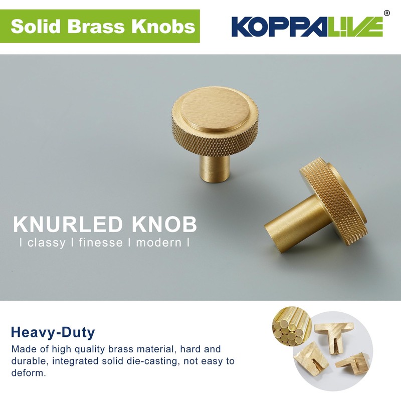 KOPPALIVE 5-Pack Solid Brass Cabinet Knobs, Gold Knurled Dresser Drawer