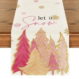 Artoid Mode Pink Tree Let It Snow Snowflake Christmas in July Table Runner, Seasonal Holiday Kitchen Dining Table Decoration for Home Party 13x60 Inch
