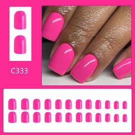 24Pcs Hot Pink Press on Nails Square Short Fake Nails Solid Color Designs Acrylic Nails Full Cover Press ons Reusable Glossy Coffin False Nails for Women Girls Artificial Nail Decoration Kits