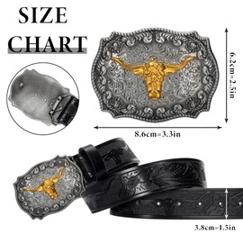 CaySep Western Cowboy Belt Men Women PU Leather Floral Engraved Bull Buckle Belt for Jeans (For Waist 27"-41"), black