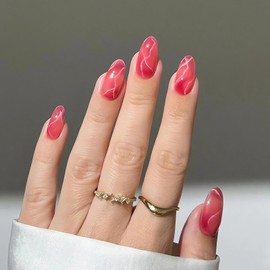 Press on Nails Almond Medium Length Hot Pink Fake Nails with White Line Designs Red Nails Press Ons Gradient False Nails Summer Glue on Nails Acrylic Full Cover Stick on Nails for Women Girl 24Pcs