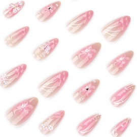 Cute Flowers Press on Nails Short Almond Press on French Tip Fake Nails White Butterfly False Nails with 3D Pearls Charms Designs Acrylic Nails Glossy Full Cover Glue on Nails for Women Manicure 24Pcs