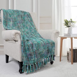 BYTIDE Multi Color Boho Knitted Throw Blankets with Fringe Tassels, Soft Chic Lightweight Afghan Mexican Throw Blankets for Couch Bed Sofa Chair Outdoor (Teal Multi 50 x 60 in)