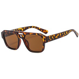 Long Keeper Retro Pilot Double Bridge Rectangle Pilot Sunglasses for Women Men Classic Square Eyewear Driving UV400 (Leopard Brown)