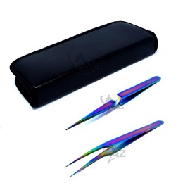 SET OF 2 Stainless Steel Multi Titanium Rainbow Color 3D Eyelash Extension Tweezers X type self retracting + Pro Straight Fine Point (A2Z)