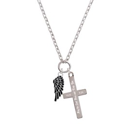 Delight Jewelry Silvertone Medium Black Enamel Angel Wing - Bless and Keep You Engraved Cross Zoey Necklace, 28"