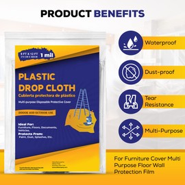 Drop Cloth Painters Plastic Sheeting - Plastic Drop Cloths for Painting, 9 x 12 Feet Paint Drop Cloth Tarp, Clear Plastic Tarp Cover, 1 Mil Thick Plastic Sheeting, Multi-Purpose Use (12 Pack)