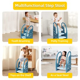 Toddler Step Stool Chair Onasti Kids 3 Step Standing Tower for Toddlers Plastic Learning Helper Stool for Kitchen Counter Bathroom Sink Toilet Potty Training with Handles and Non-Slip Pads-Blue