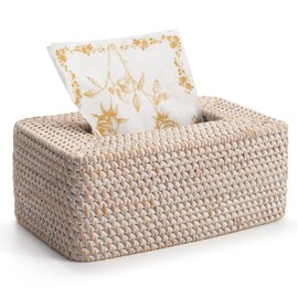 Rattan Tissue Box Cover Natural Woven Facial Napkin Holder Rectangular 10 x 6.1 x 4.1 Inch (White)