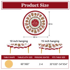 Tailus Merry Christmas Gingerbread Man Round Tablecloth 60 x 60 Inch, Xmas Peppermint Candy Holly Red Berry Decorative Table Cloth Dining Table Cover, Winter Holiday Dinner Party Picnic Decoration