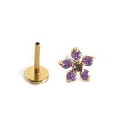 18 Gauge Threadless Push Pin 316L Stainless Steel Flat Back Labret Stud Earring Amethyst Cubic Zirconia Smoky Quartz Flower Hypoallergenic Handmade In USA (5mm Post Length, Real 18K Gold Plated)