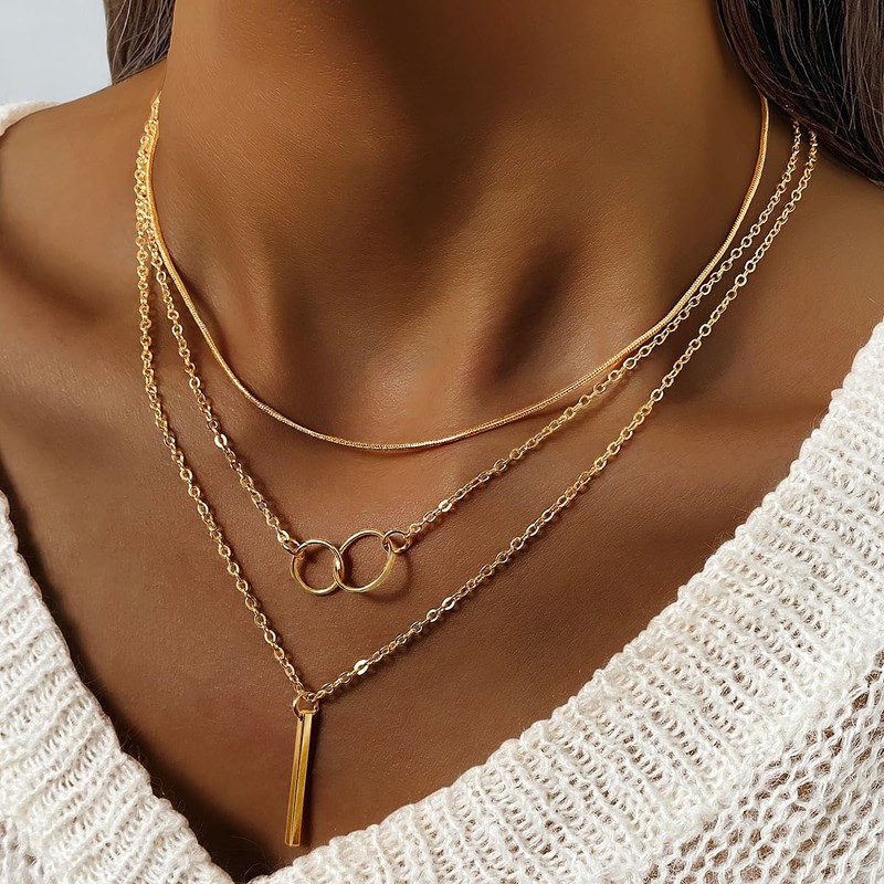 QINHE 3 Layer Snake Chain Necklace for Women - Stackable