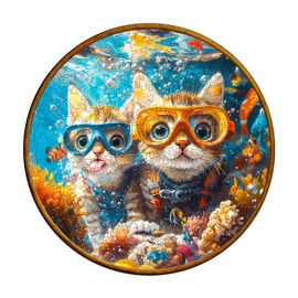 Wooden Puzzle Adults and Children, Diving Cats Circular Unique Puzzle, Wooden Puzzle Adults with Wooden Gift Box (M-200 Pieces)