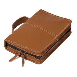 VC Genuine Buffalo Leather Bible Case Bible Book Planner Cover with Handle and Back Pocket Gift for Men & Women (Light Brown)