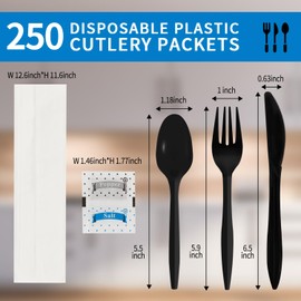 250Pack Plastic Cutlery Packets, Knife Fork Spoon Napkin Salt Pepper Sets, Individually Wrapped Black Plastic Cutlery Packets for Delivery, Cafeterias, Restaurants