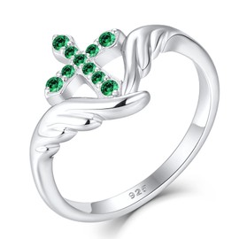 STARCHENIE Cross Ring 925 Sterling Silver Angel Wings Ring for Women May Emerald Size9